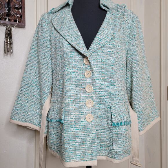 VTG Nanette Lepore Tweed 3/4 Sleeve Turquoise Fringe Jacket Blazer Belt Y2K✨️12 - Picture 4 of 16